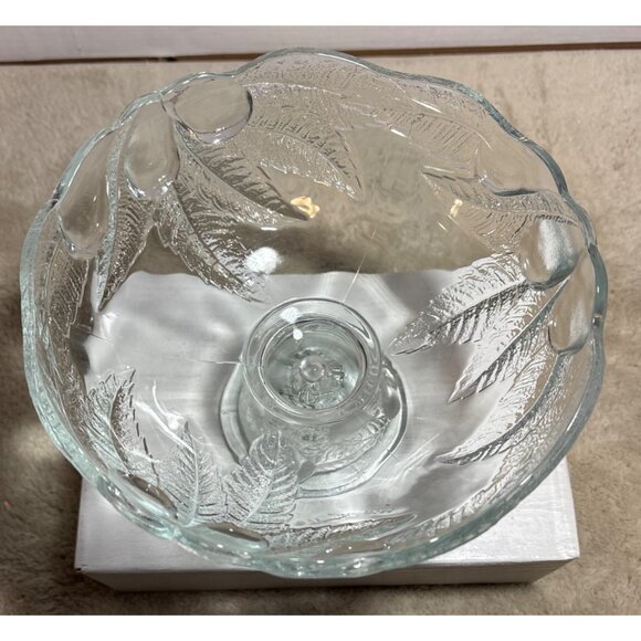 Vtg Glass Pedestal Bowl Embossed Leaf Pear Avacodo Fruit Design Teleflora 1985 - Picture 2 of 7